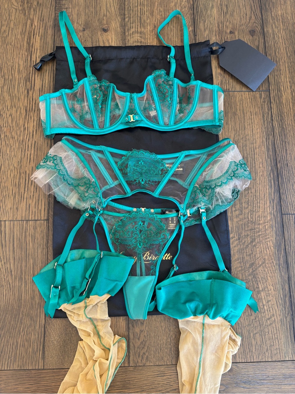 Honey Birdette Gabrielle 34b Bra, M garter belt, M Thong, M stay up stockings